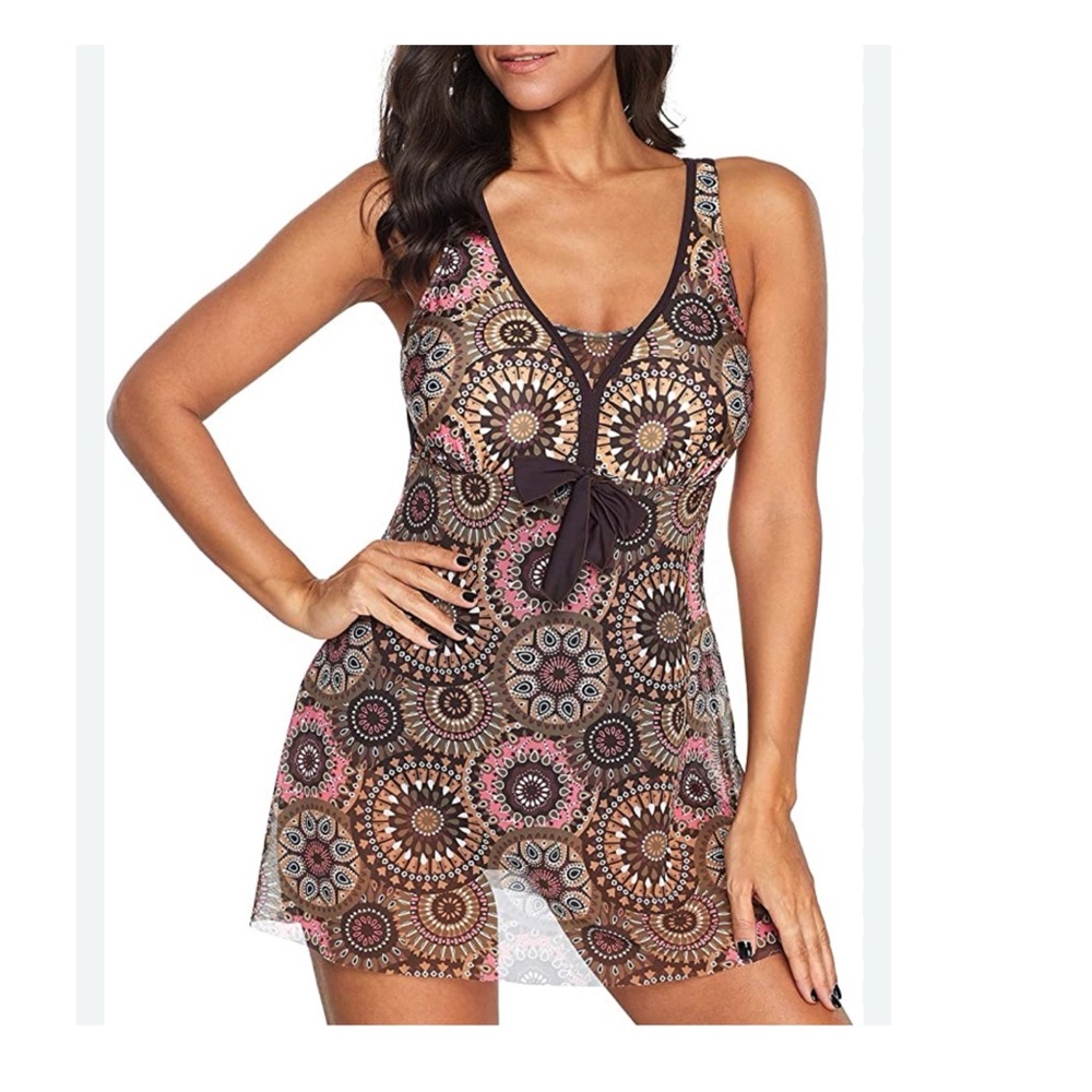 Ladies Sz.Small Pink & Brown Geometric Print Swimdress